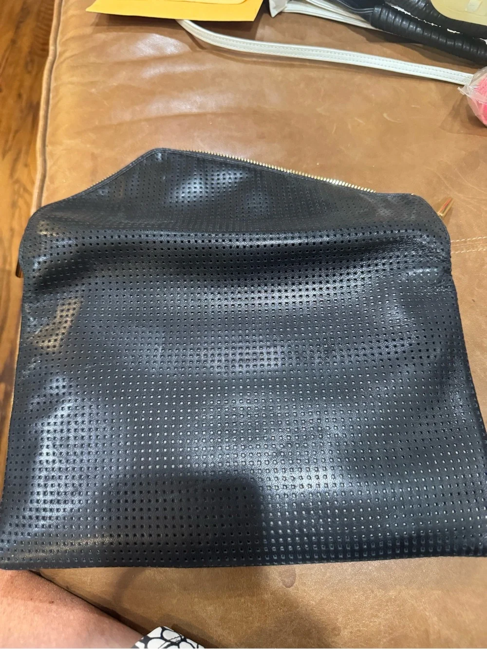 henri bendel Black Perforated Envelope Clutch with Gold Zip Accent